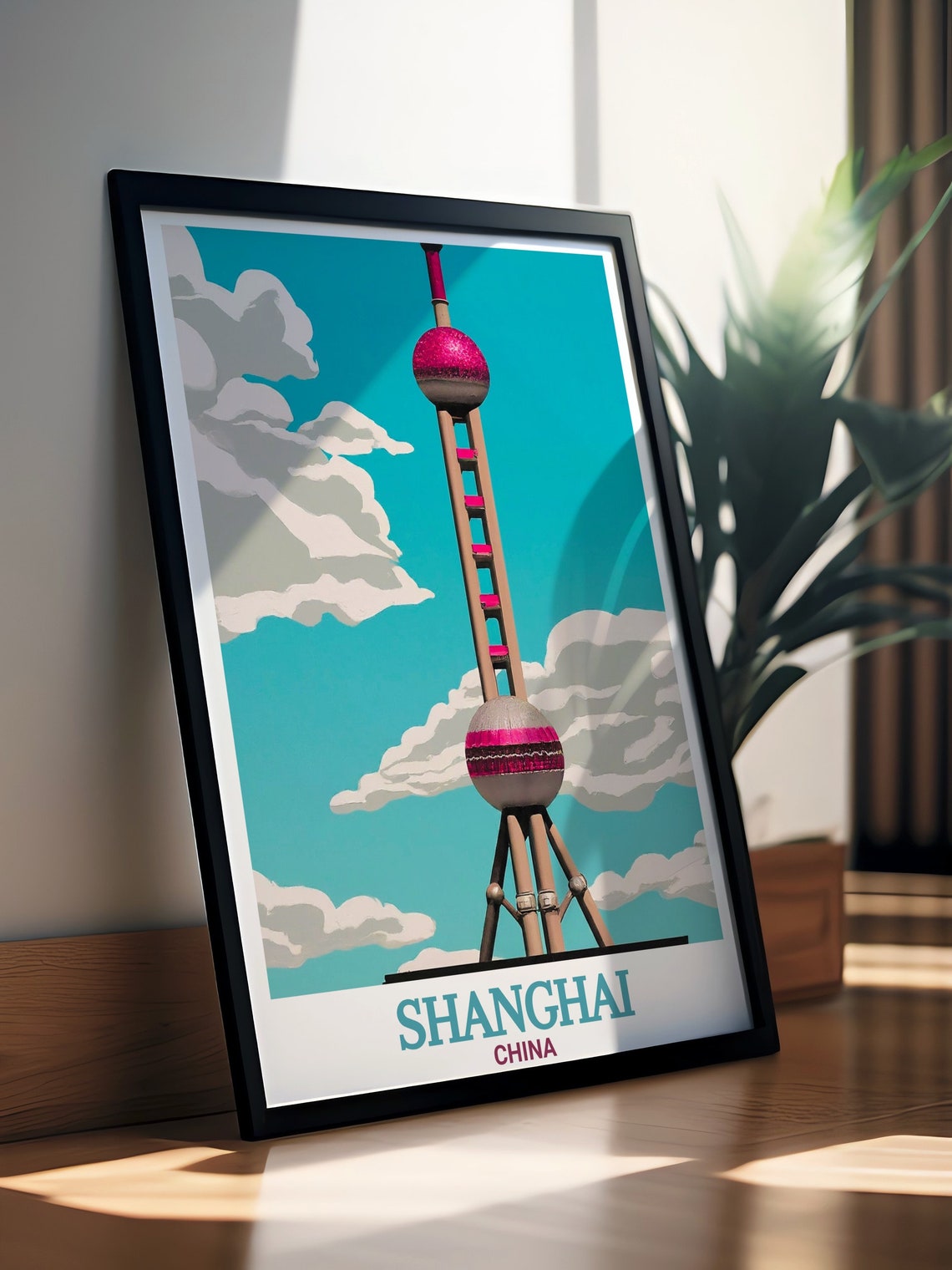 Shanghai China Oriental Pearl Tower Bold Pop Art Teal Poster - Image 2