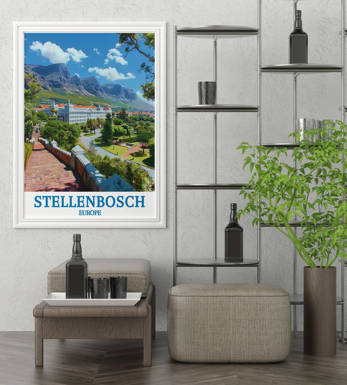 Historic Stellenbosch Town Red Brick Path Mountain View Travel Poster - Image 3