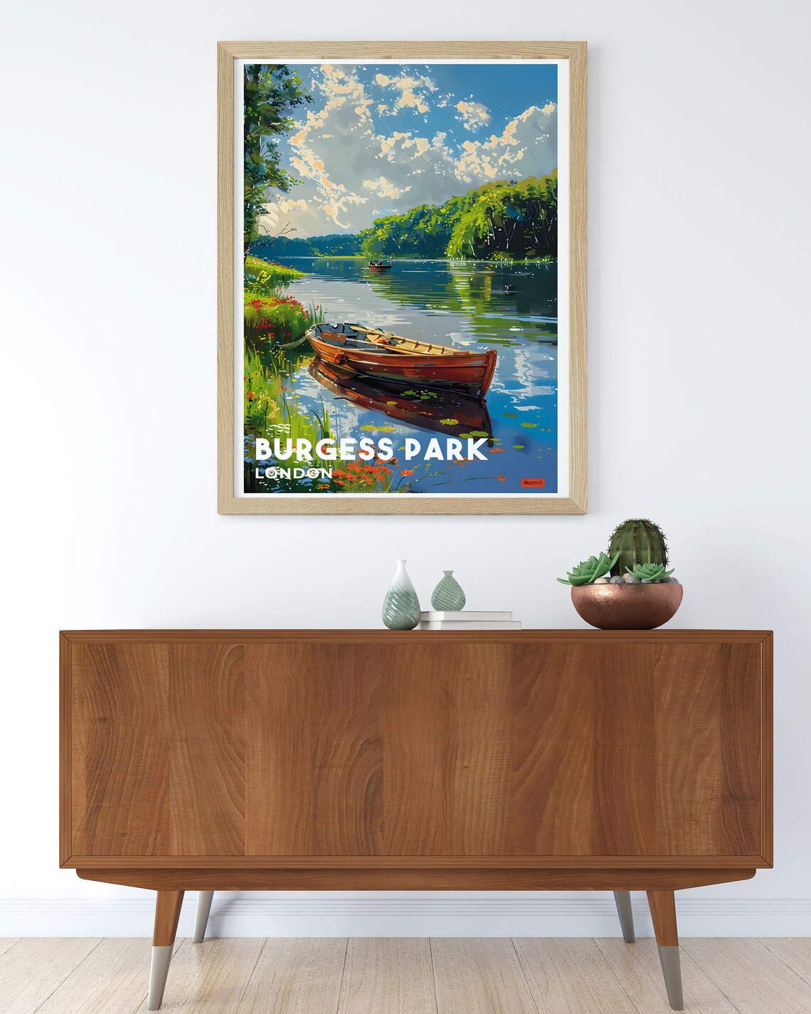 Burgess Park London Lake With Wooden Rowboats Vintage Travel Poster - Image 3