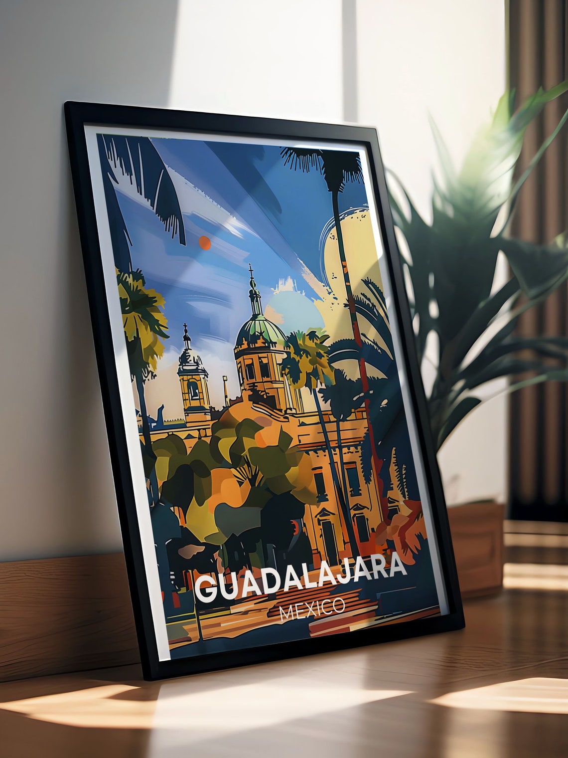 Guadalajara Mexico Cathedral Palms Dusk City Scene Art Poster - Image 3