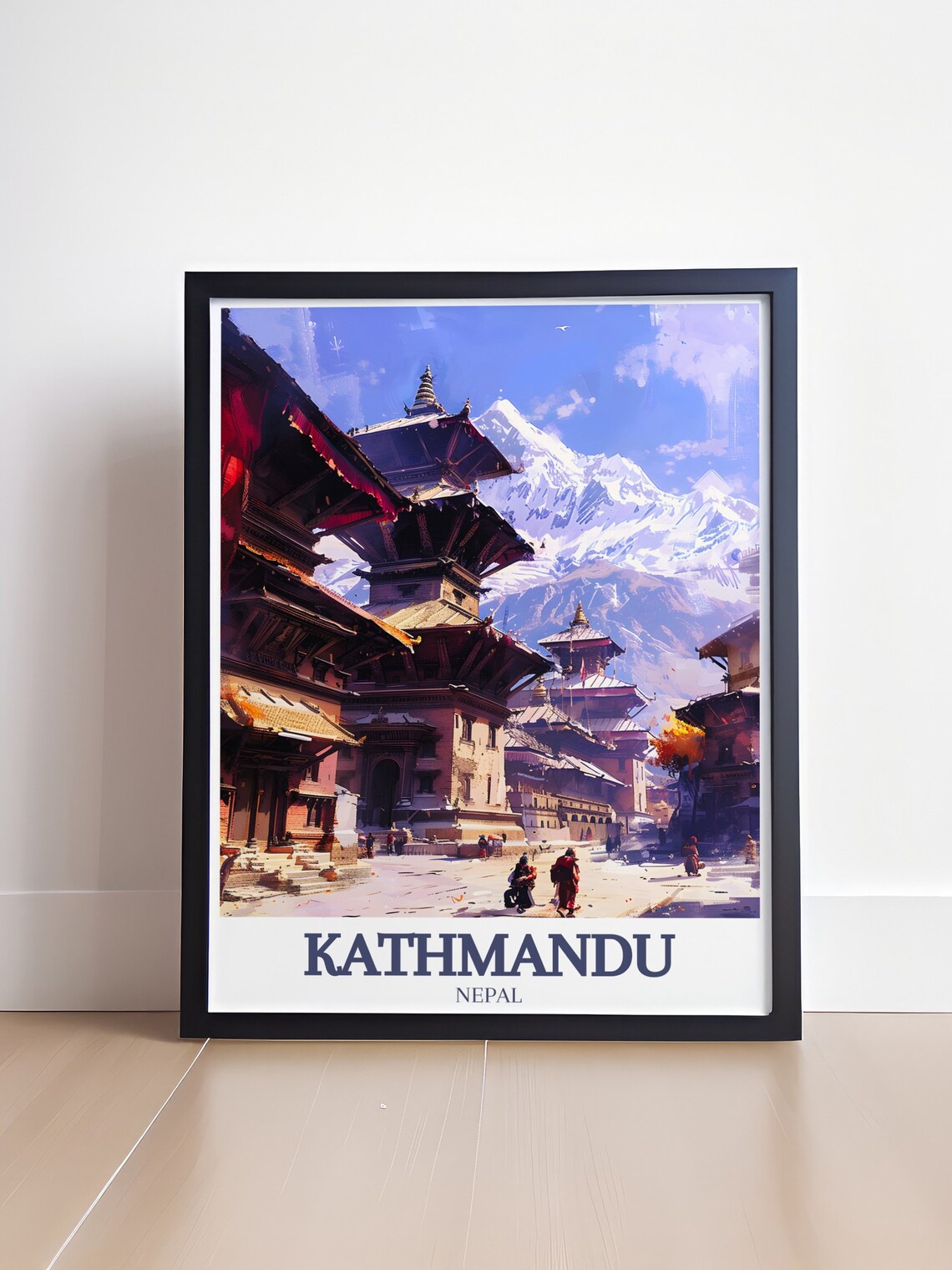 Kathmandu Nepal Durbar Square Temples Snowy Peaks Watercolor Poster - Image 4