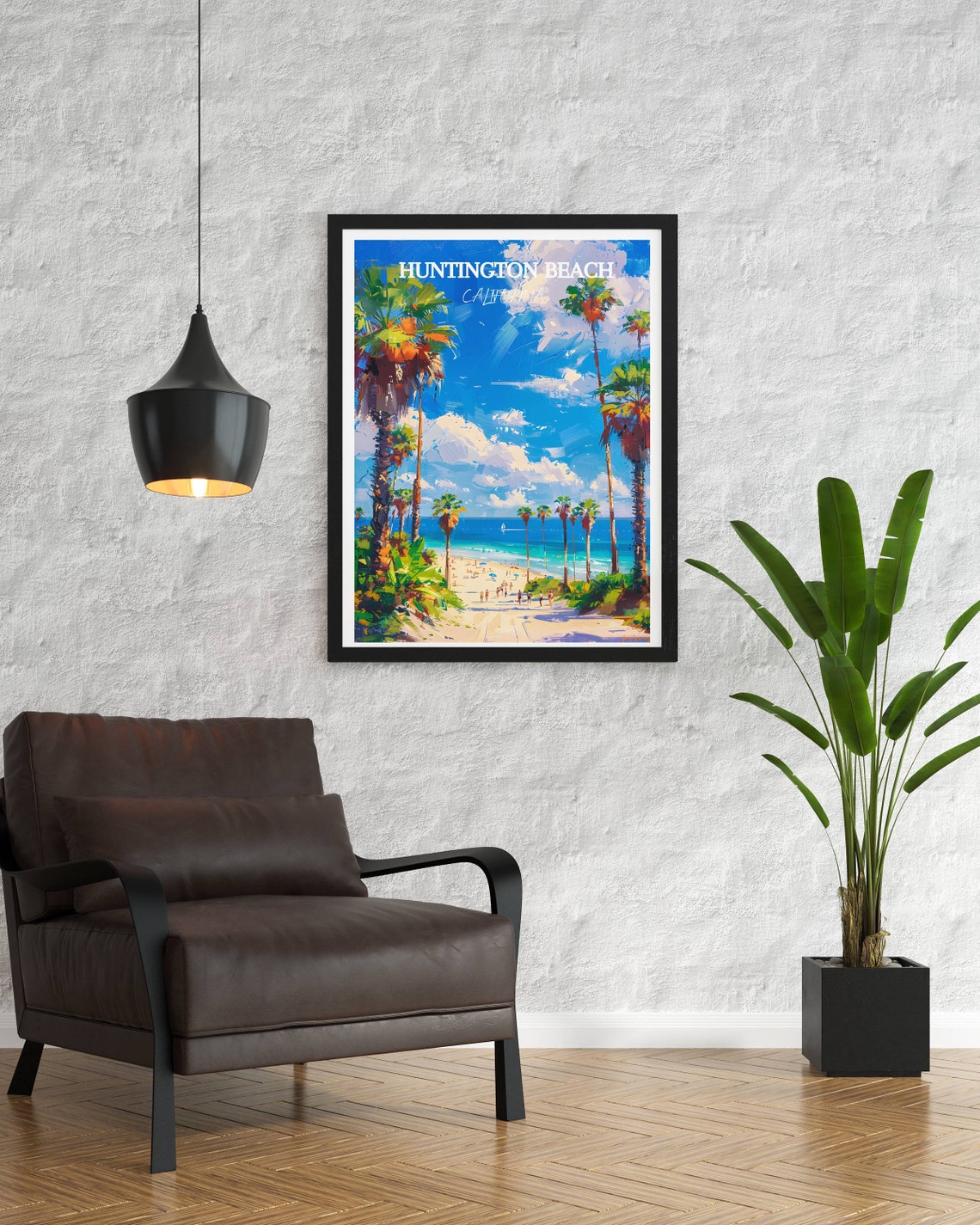 Huntington Beach California Palm Trees Sandy Shore Travel Poster - Image 3