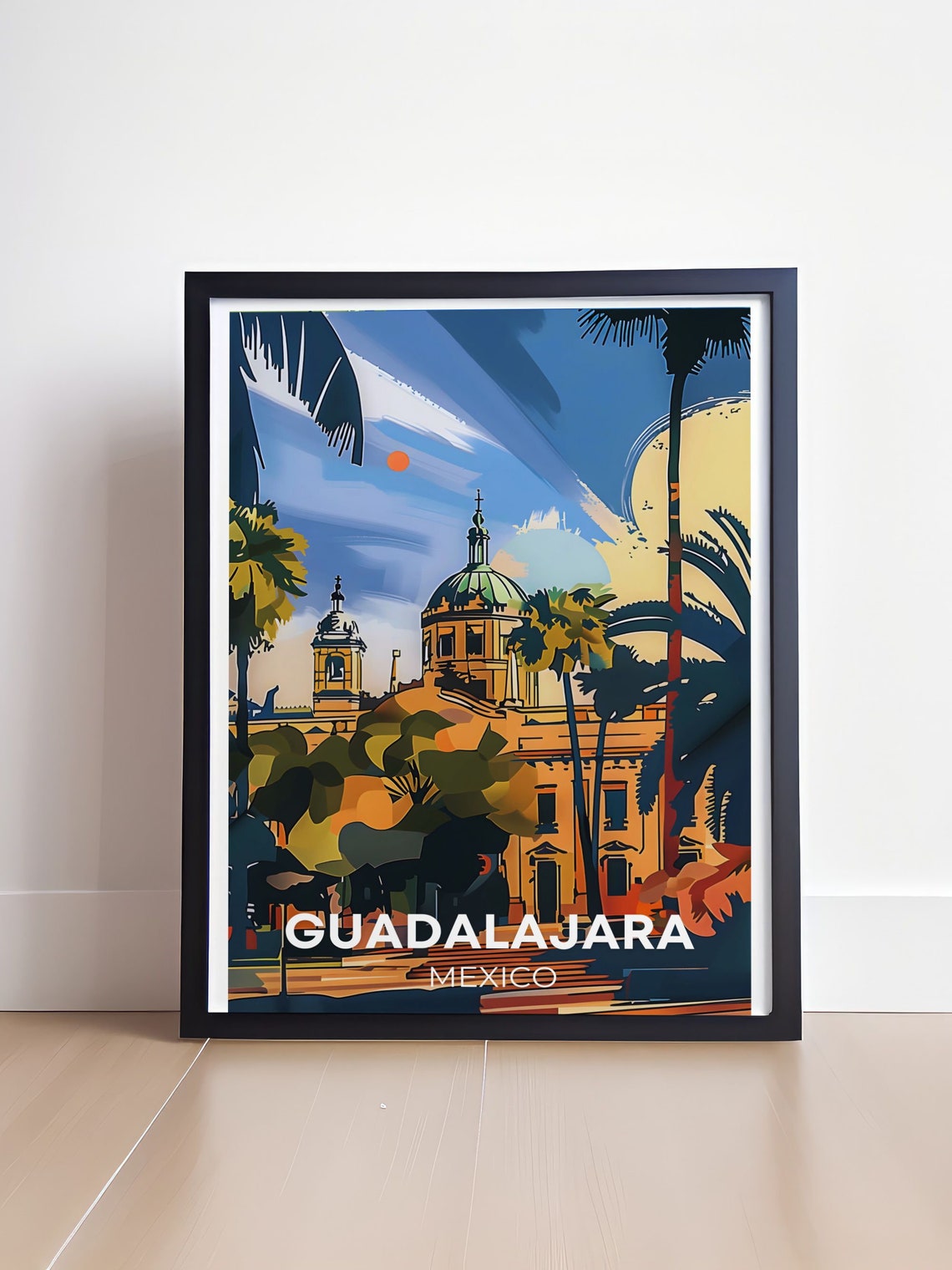 Guadalajara Mexico Cathedral Palms Dusk City Scene Art Poster - Image 4