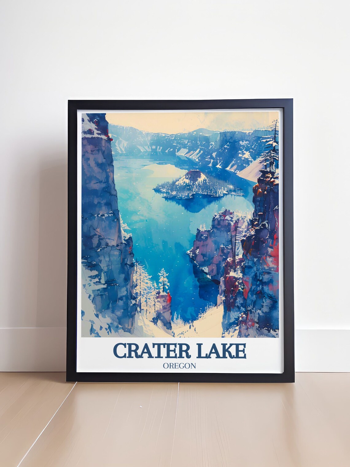 Crater Lake Oregon Snowy Winter Vista Wizard Island Blue Travel Poster - Image 4