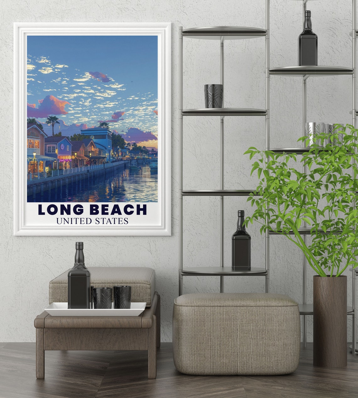 Long Beach Shoreline Village Waterfront Sunset Harbor Scene Poster - Image 3