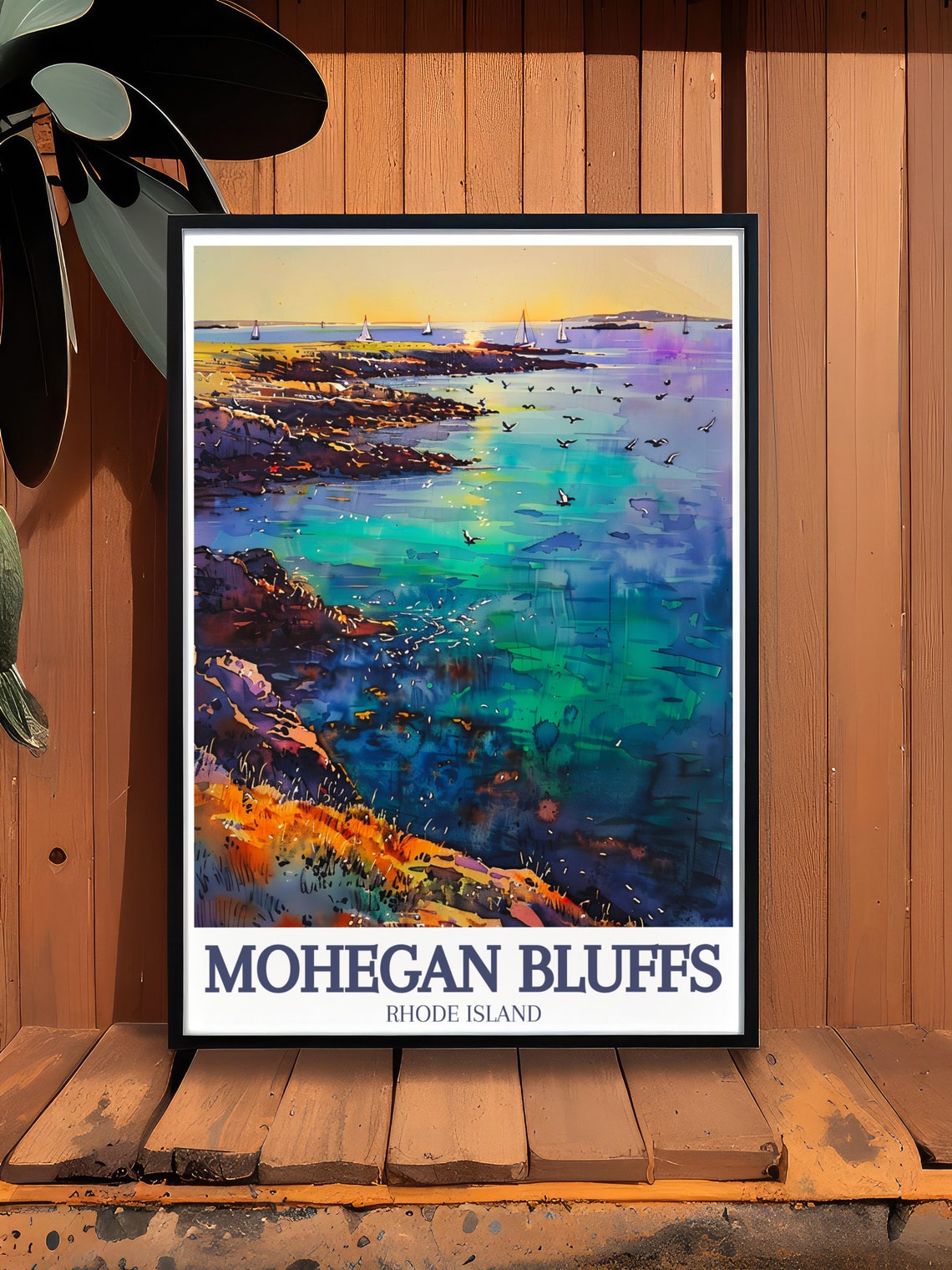 Mohegan Bluffs Rhode Island Golden Sunset Watercolor Coast Poster - Image 2