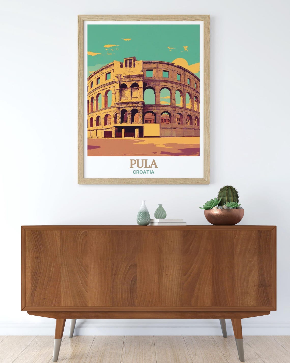 Pula Croatia Poster with Roman Amphitheater in Retro Graphic Style - Image 2