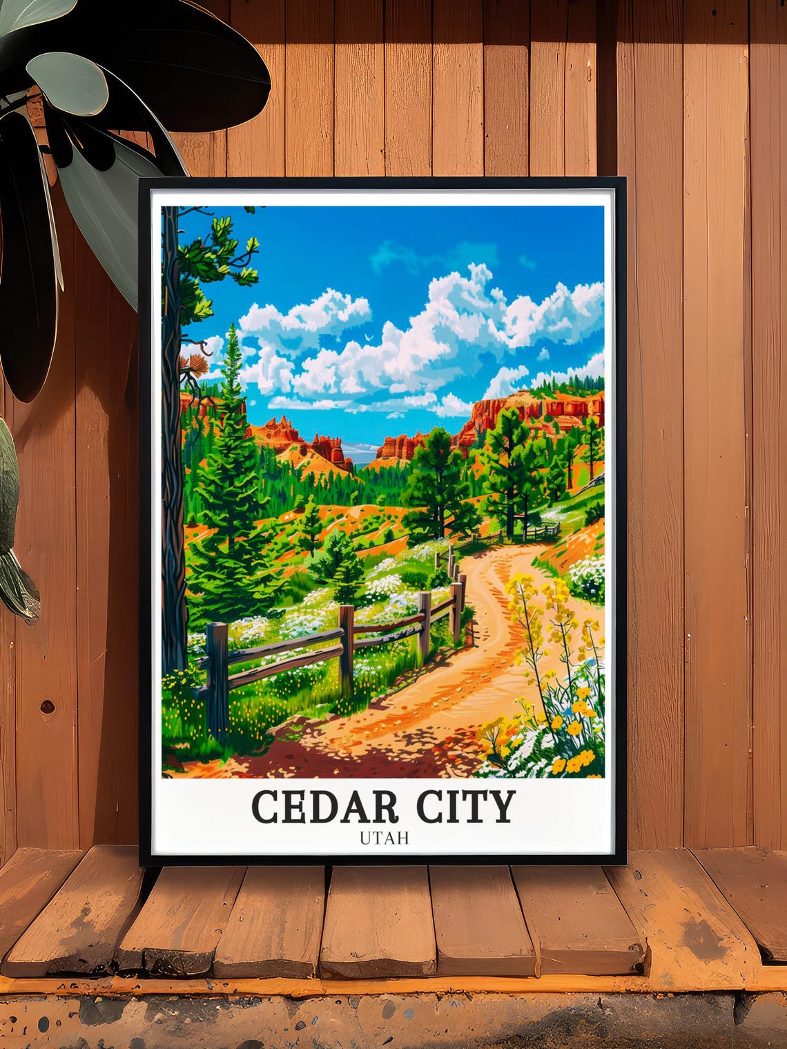 Cedar City Utah Poster Red Rock Trail with Wooden Fence and Pine Trees - Image 2