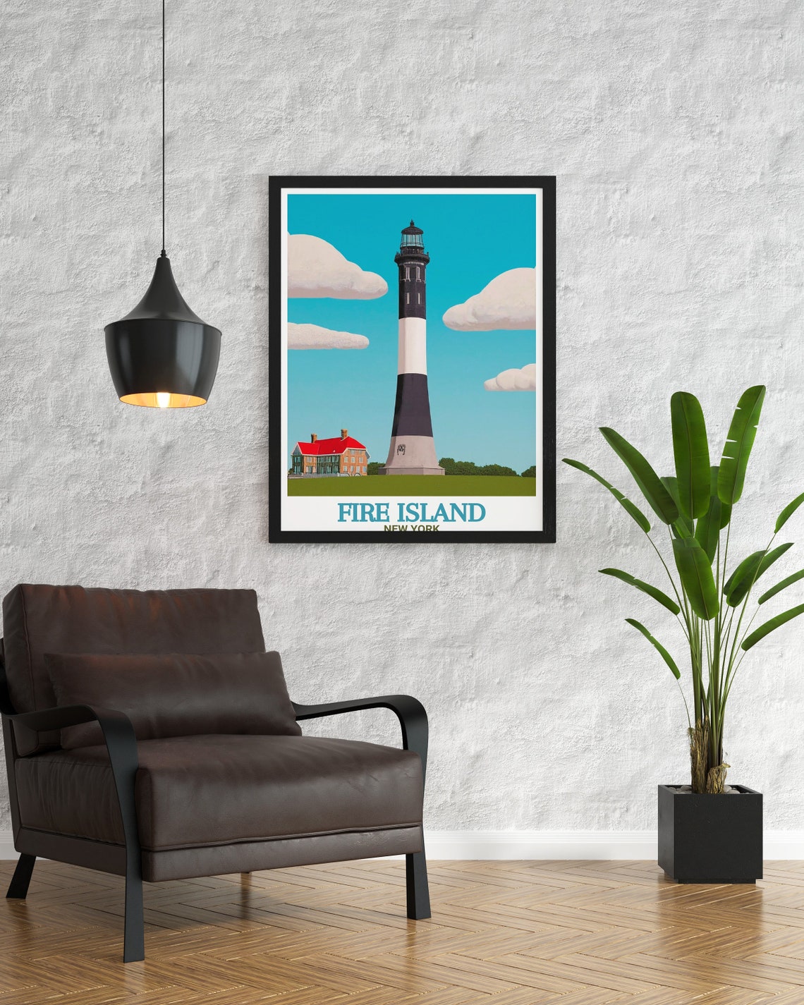 Fire Island New York Lighthouse Black White Tower Clouds Poster - Image 3