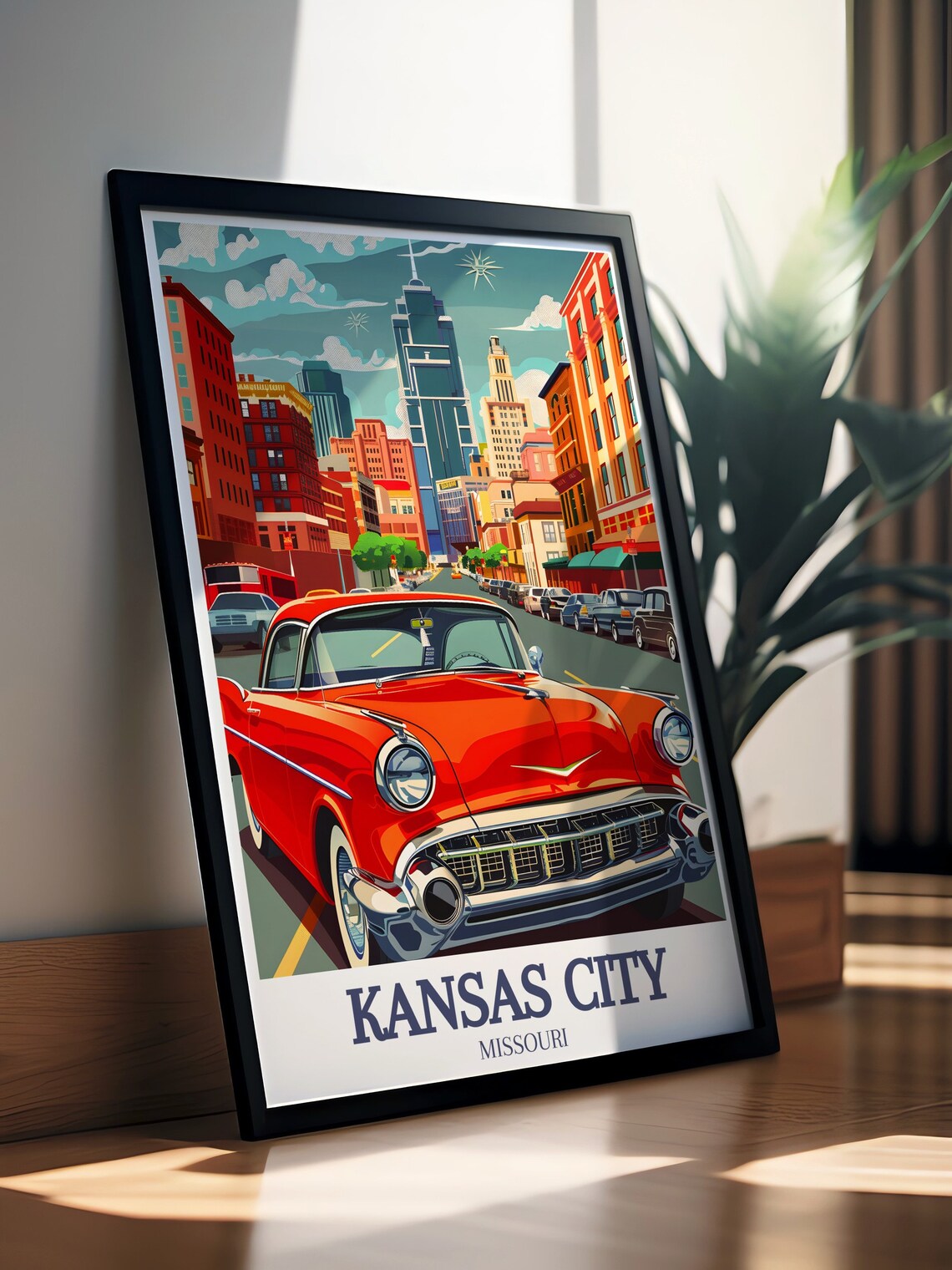 Kansas City Missouri Retro Red Classic Car Downtown Street Poster - Image 2