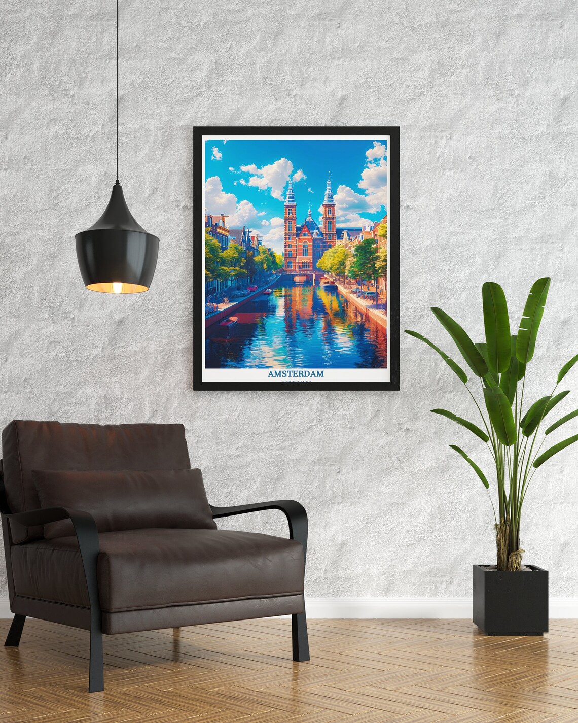 Amsterdam Historic Canal with Twin Tower Brick Building Travel Poster - Image 2