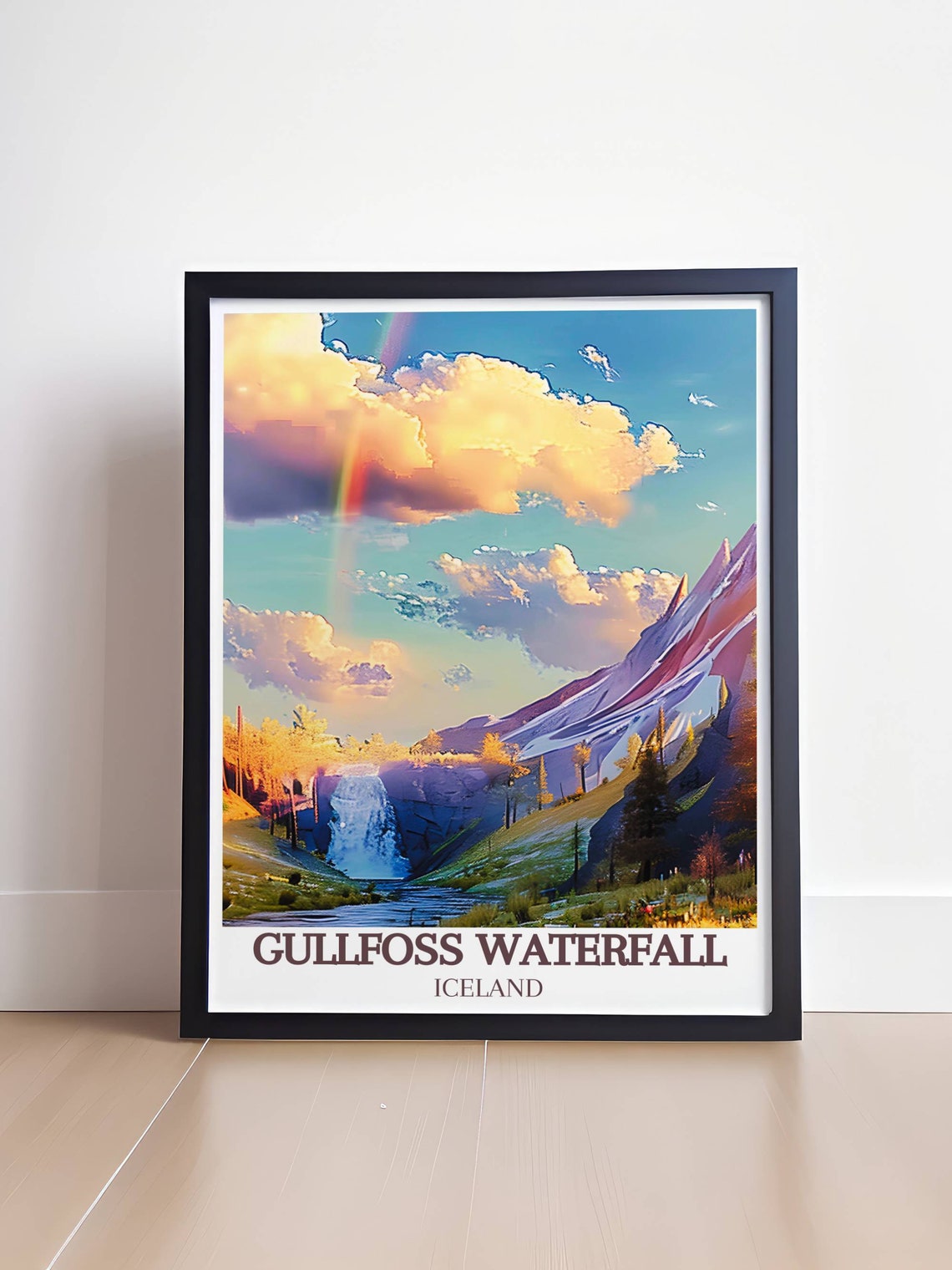 Gullfoss Waterfall Iceland Rainbow Over Green Mountain Valley Poster - Image 4