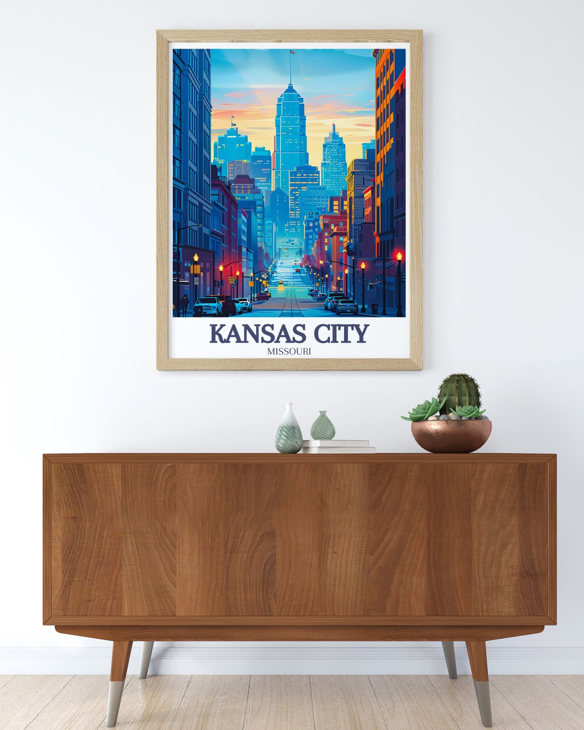 Kansas City Missouri Dusk Street View With Glowing Skyscrapers Poster - Image 3