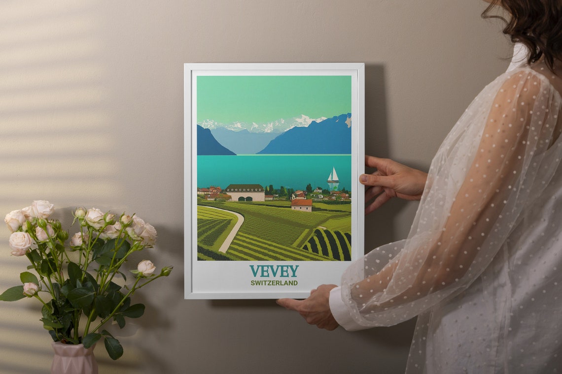 Vevey Vineyard Terraces Above Lake Geneva Alpine View Poster - Image 3