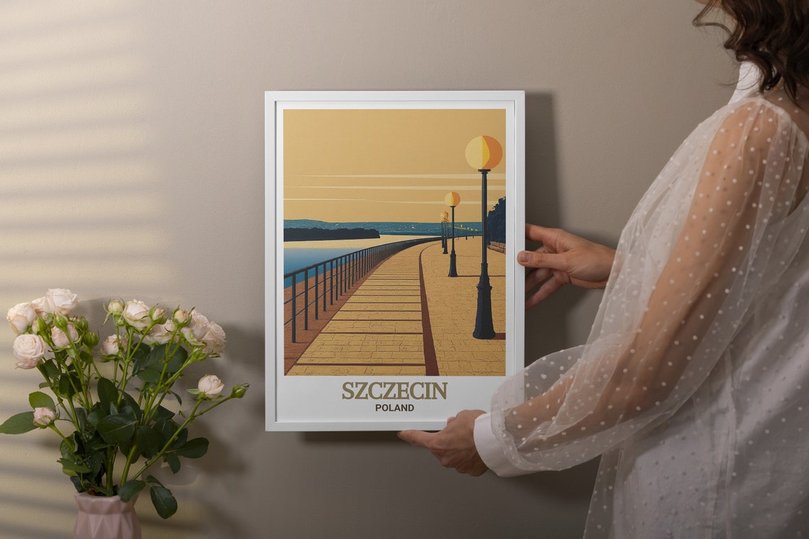 Szczecin Poland Golden Riverside Promenade At Dusk Travel Poster - Image 2