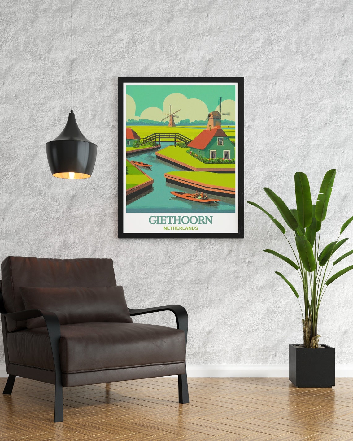 Giethoorn Netherlands Canal Boats Windmills Retro Style Poster - Image 2