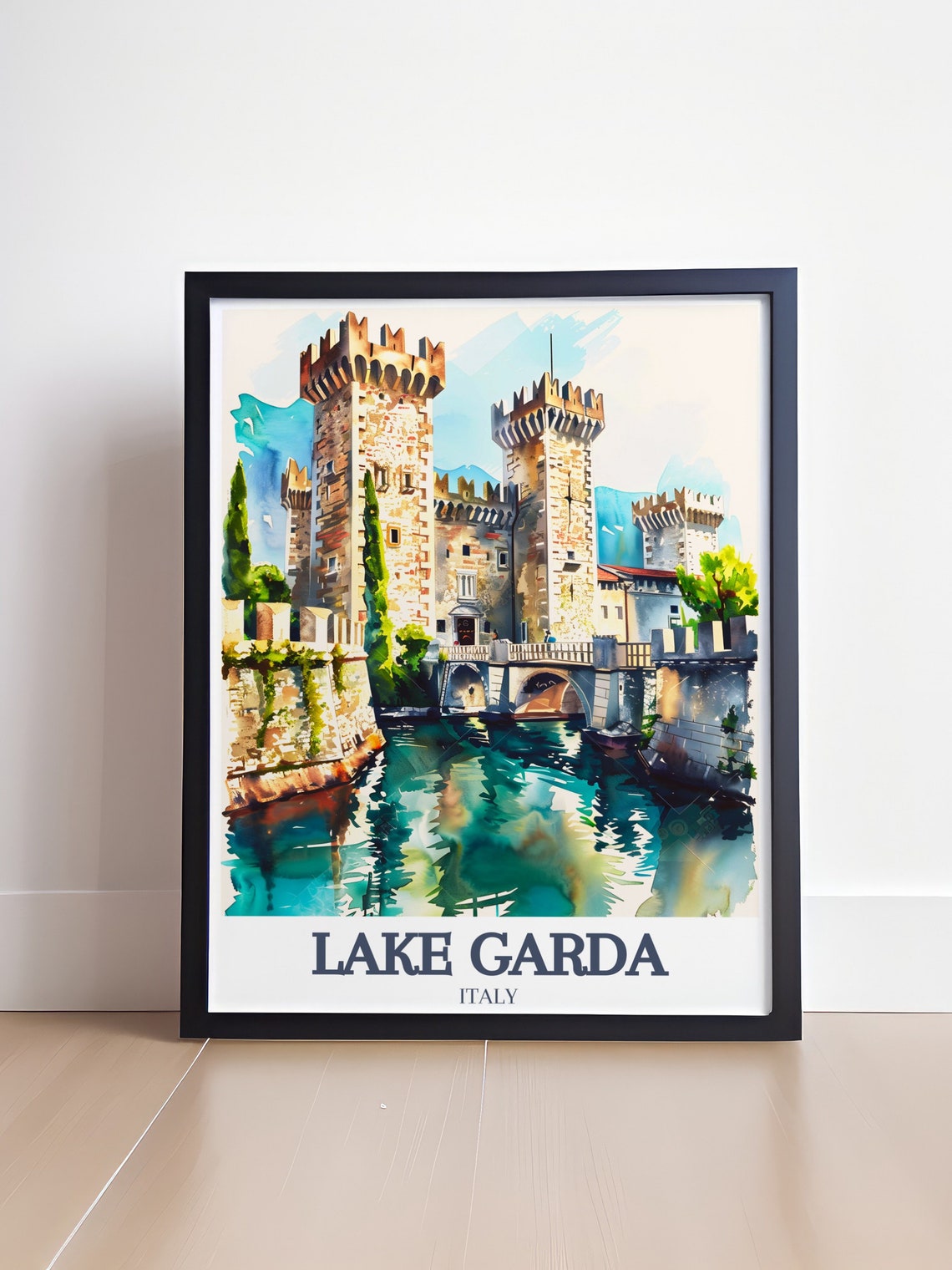 Lake Garda Italy Scaliger Castle Watercolor Lakefront Poster - Image 4