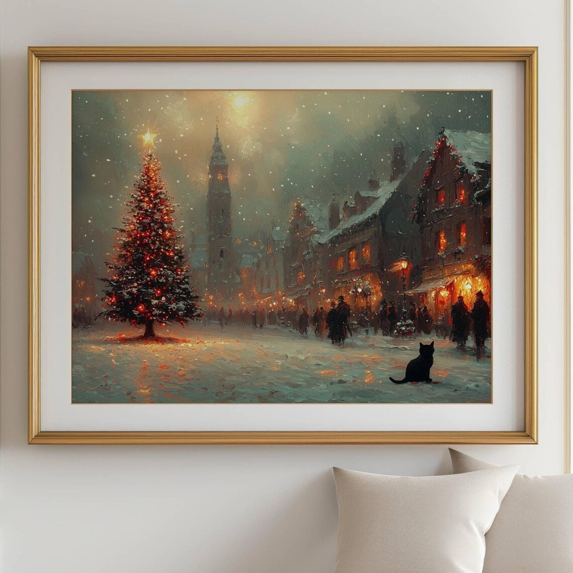 Christmas City Scene With Black Cat, Impressionist Art Print