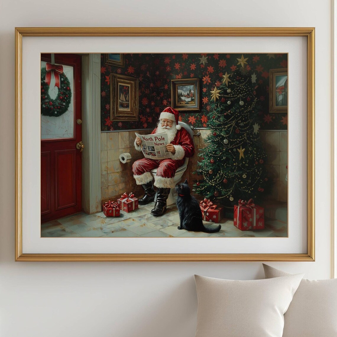 Santa Claus Reading North Pole News on a Toilet With Black Cat Poster
