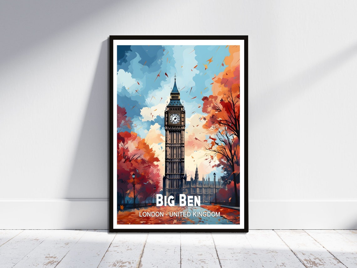 Big Ben Clock Tower London Autumn Trees Vintage Travel Poster