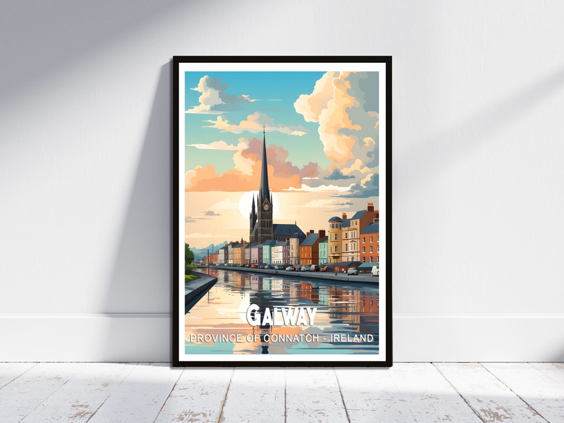 Galway Ireland Harbor Cathedral River Sunset Vintage Travel Poster