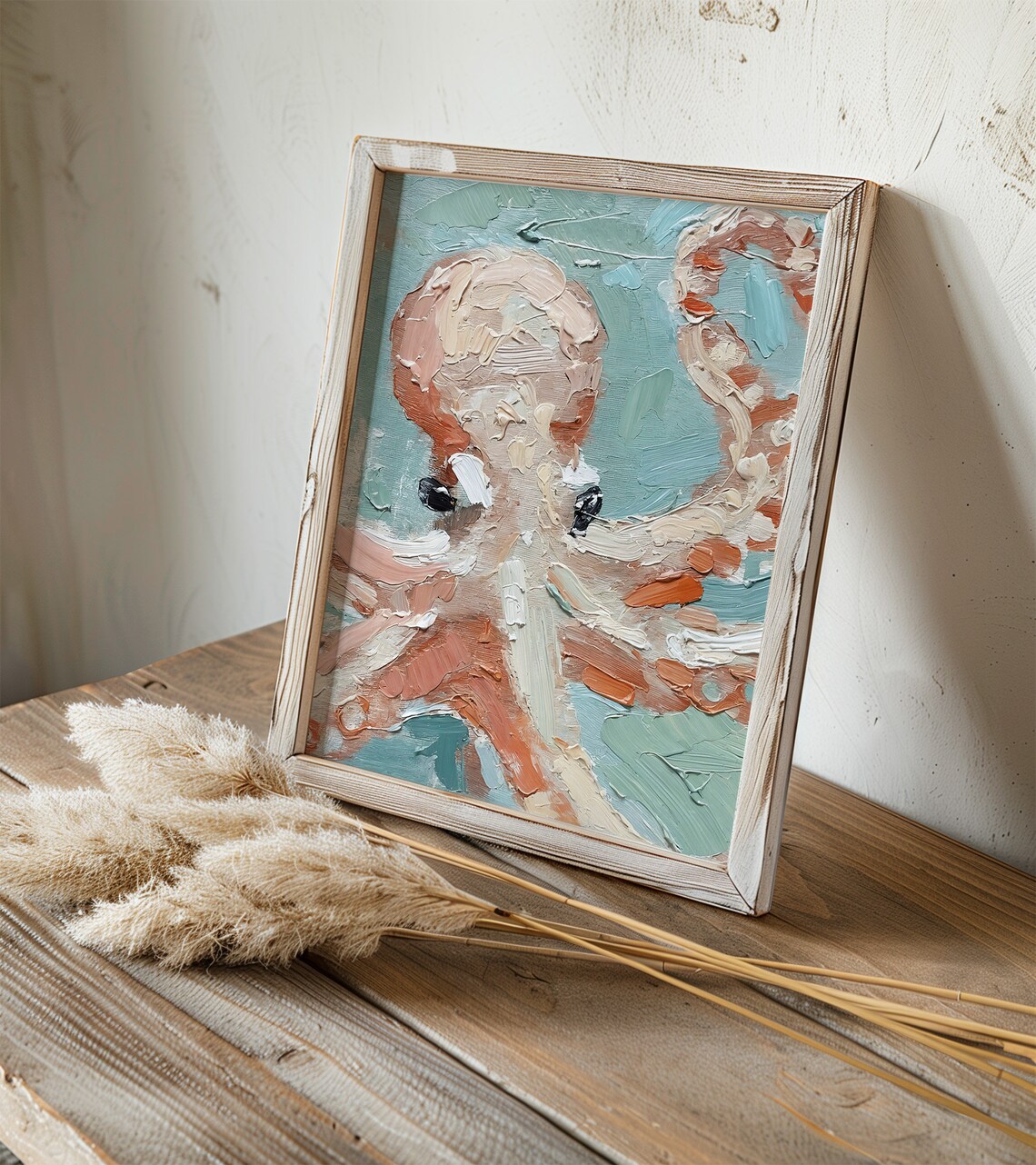 Octopus Impasto Oil Painting Teal Sea Creature Textured Art Print - Image 4