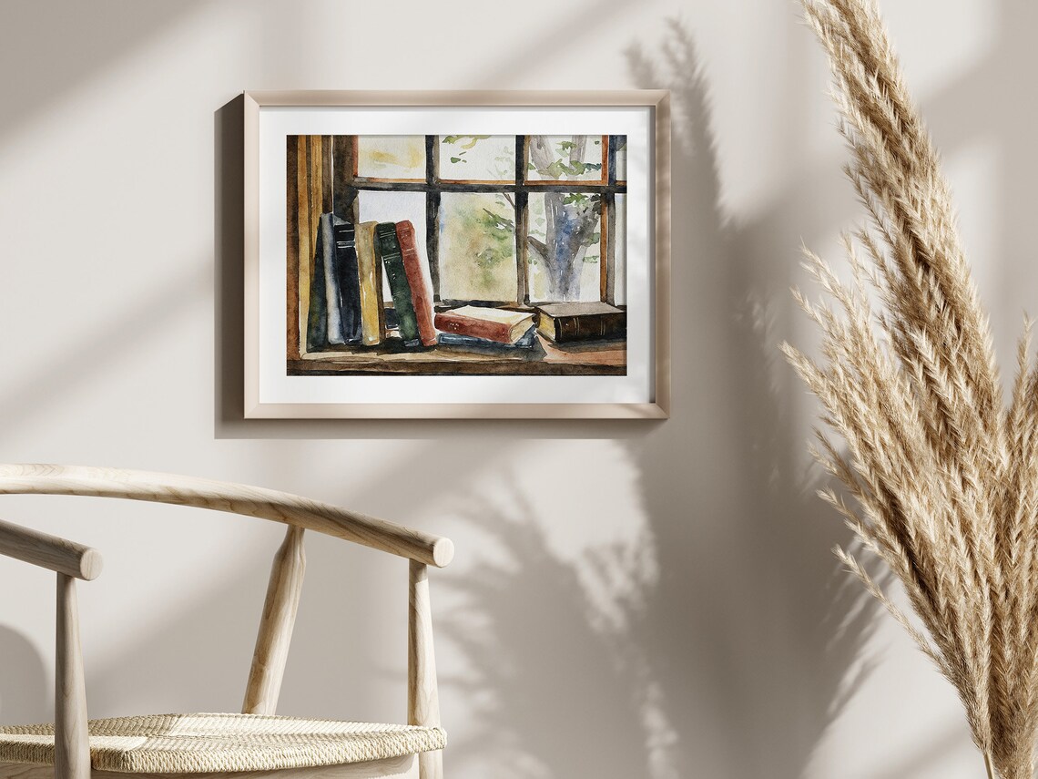Old Books Watercolor Art Print, Farmhouse Library - Image 3