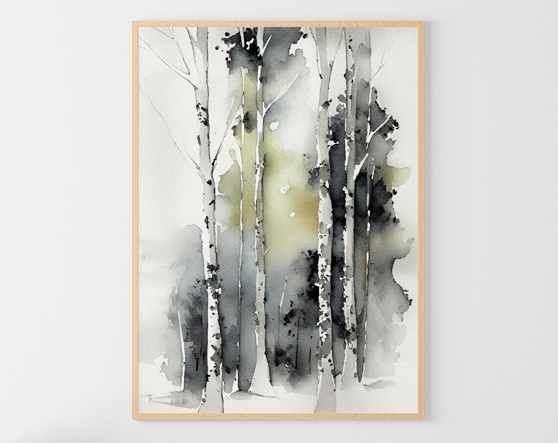 Birch Trees Watercolor Forest Art Print, Neutral