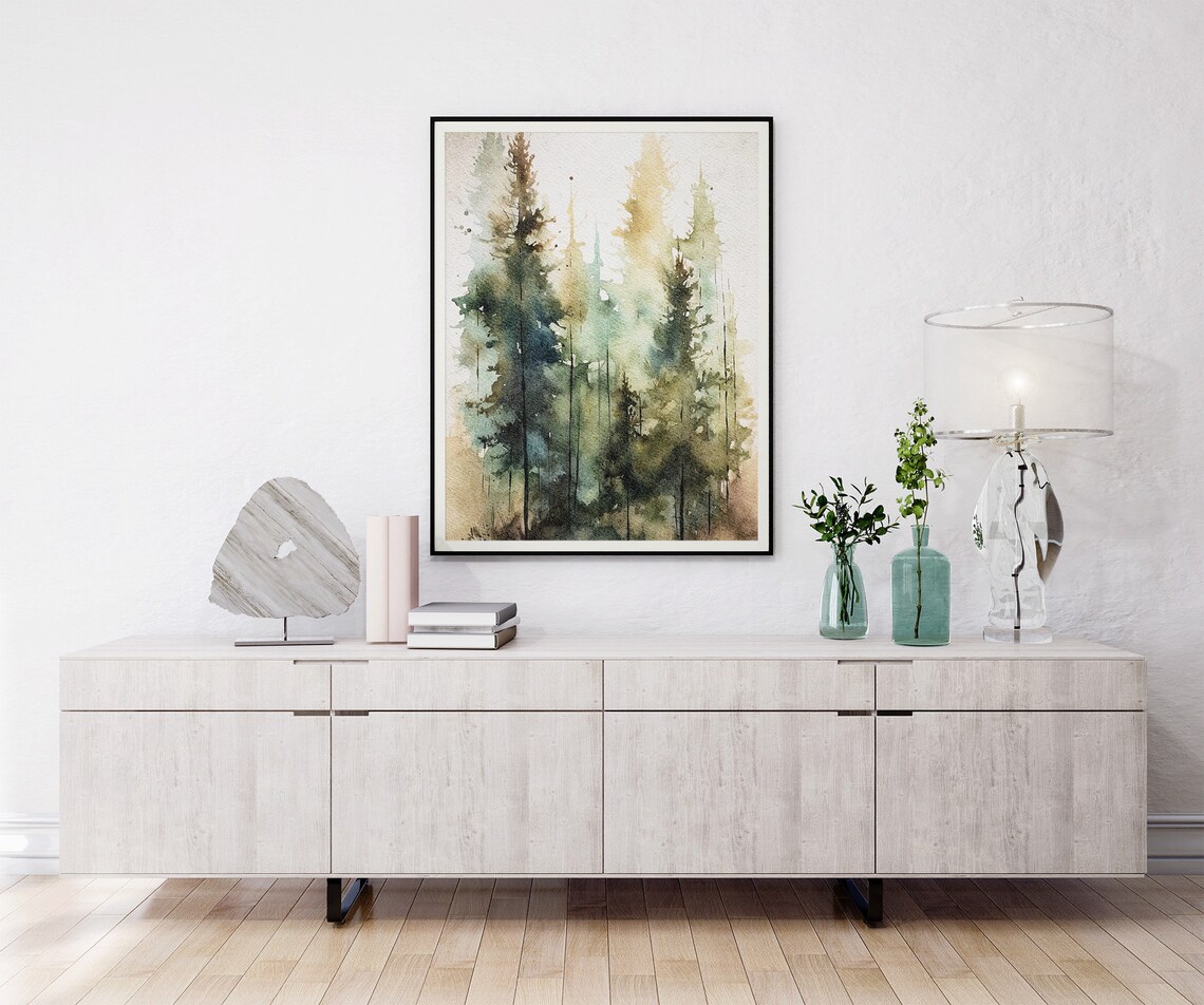 Pine Forest Watercolor Landscape Art Print - Image 2