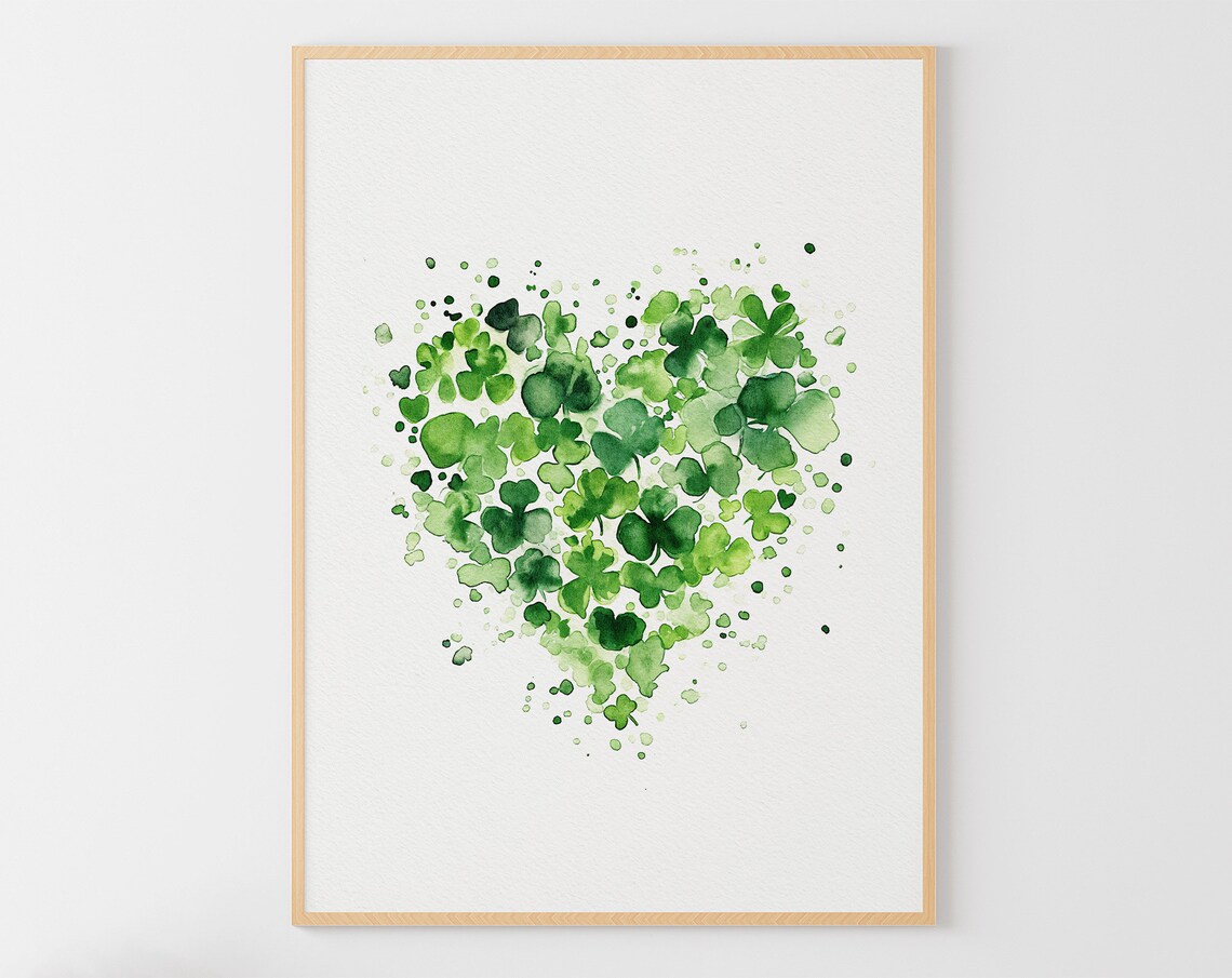 Shamrock Heart Watercolor Poster, Irish Home Decor