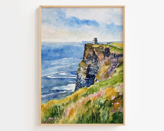 Obriens Tower Painting Ireland Coast Watercolor Art Print Cliffs Of Moher Artwork Irish Wall Decor