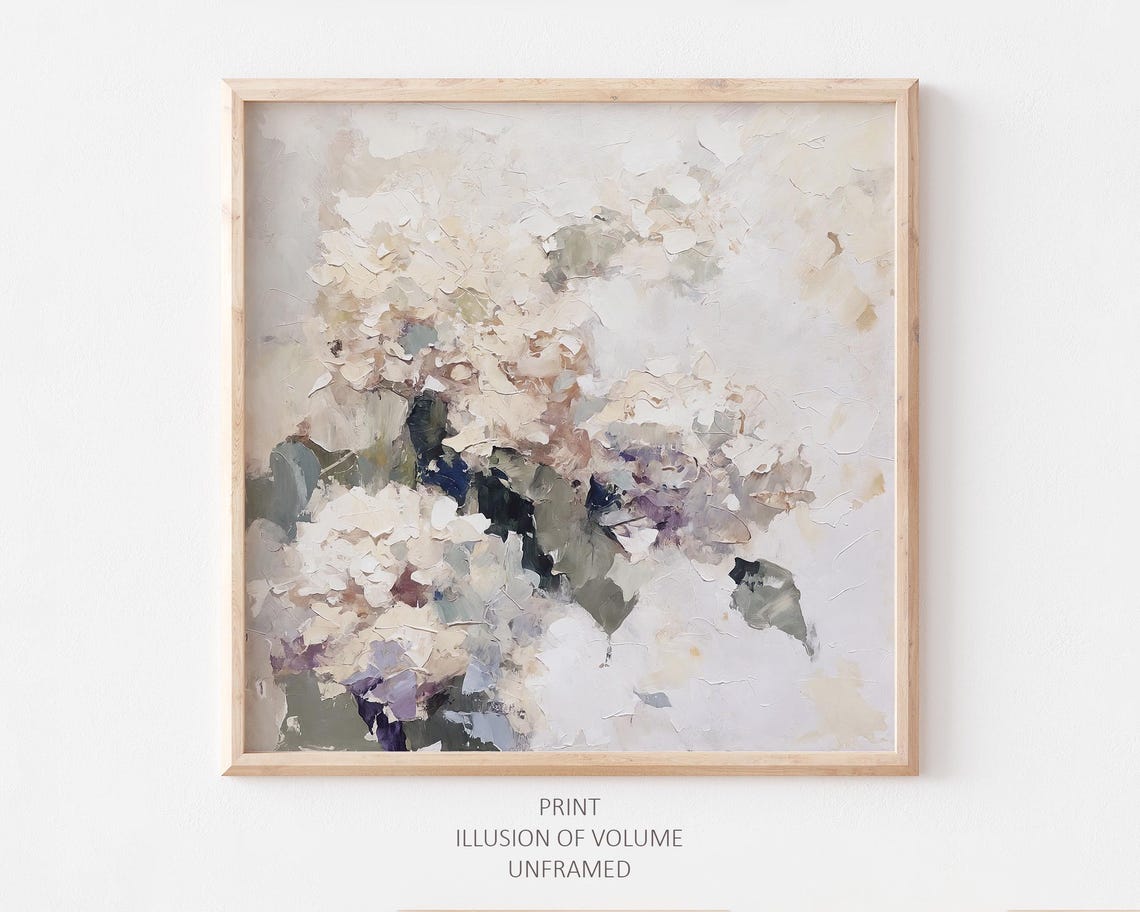 Cream White Hydrangea Blooms Textured Neutral Floral Oil Art Print