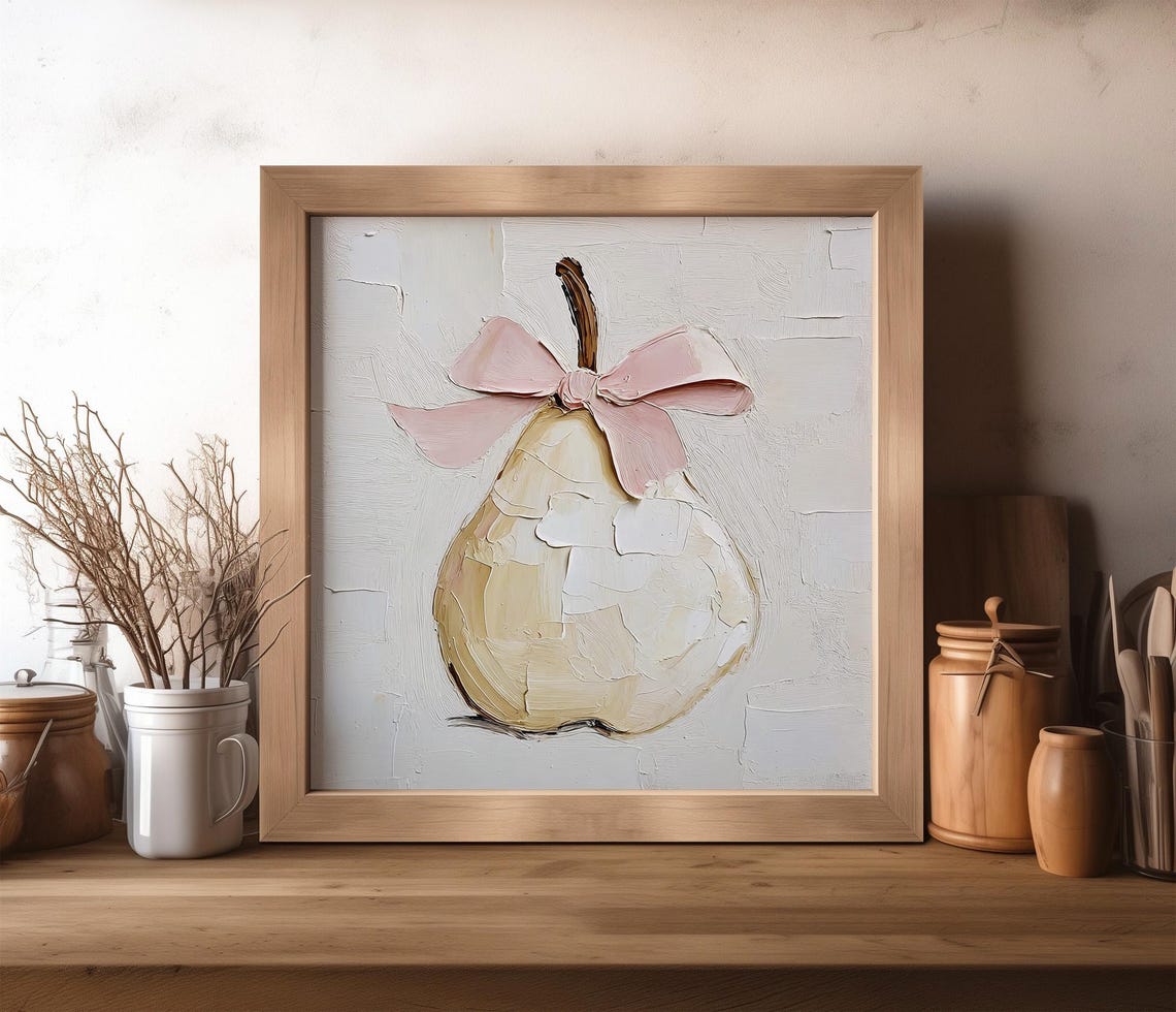 Pear With Pink Bow Oil Painting Cream Coquette Kitchen Wall Art Print - Image 4