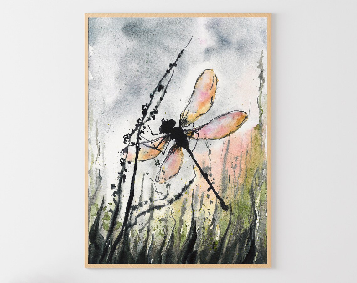 Dragonfly Watercolor Art Print, Meadow Wildflowers