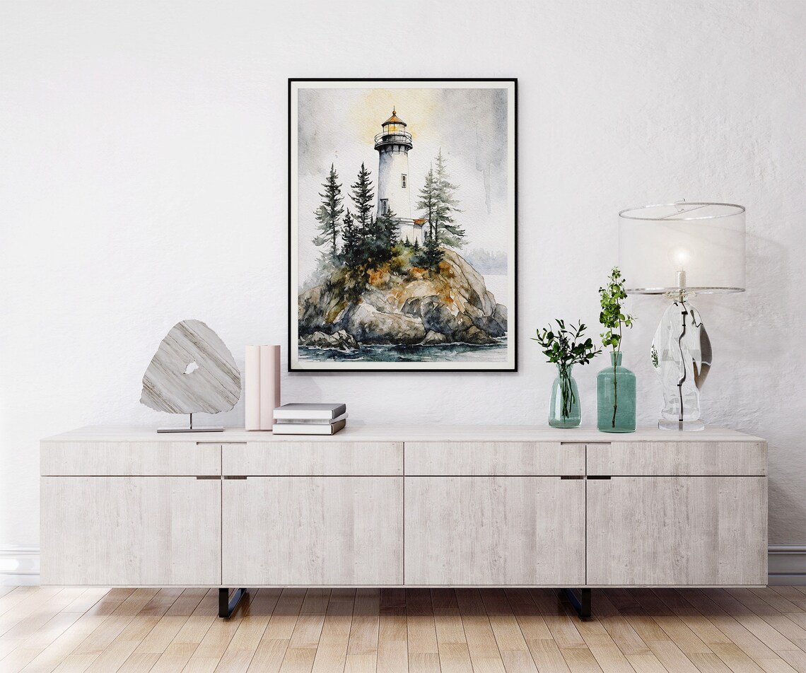Lighthouse Watercolor Art Print, Great Lake Landscape - Image 4