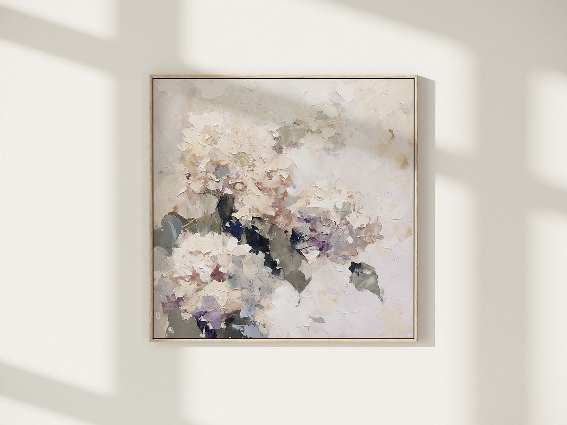 Cream White Hydrangea Blooms Textured Neutral Floral Oil Art Print - Image 3