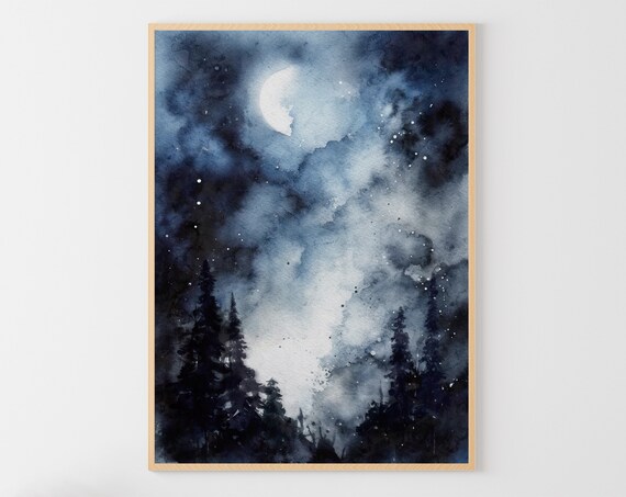 Full Moon Landscape Night Forest Watercolor Pine Trees Wall Art Moon Art Print