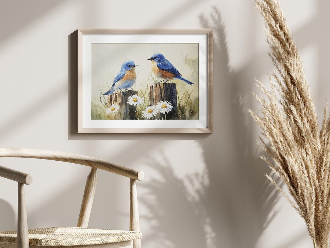 Bluebirds Watercolor Art Print, Daisy Farmhouse Wall Art - Image 4