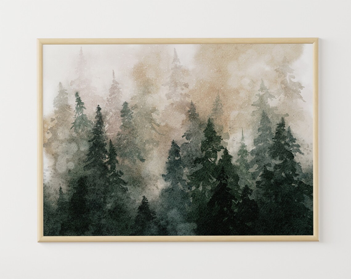 Pine Forest Watercolor Landscape, Panoramic Art Print