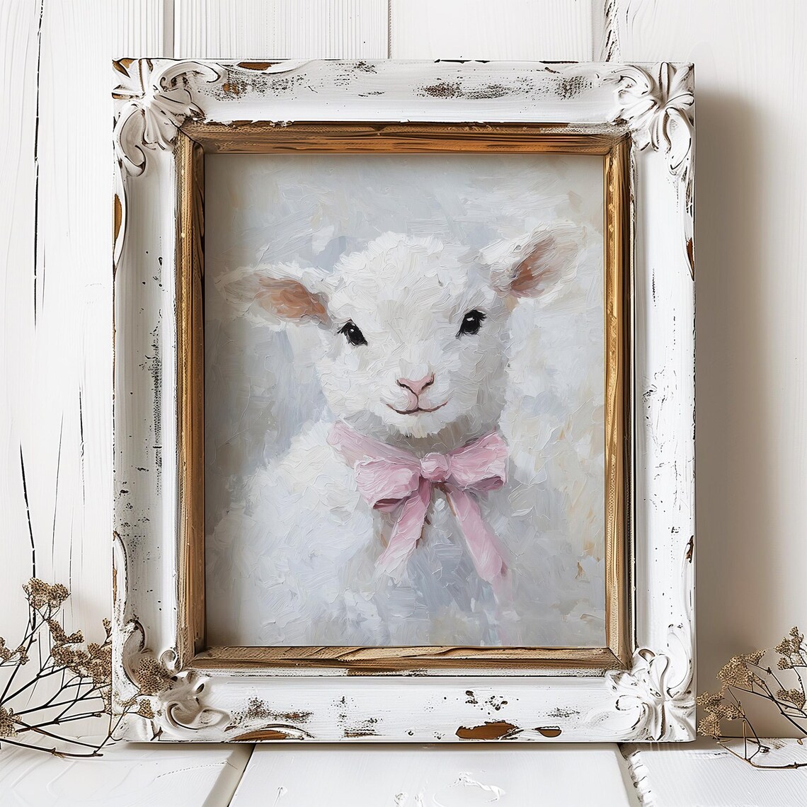 Cute Lamb Oil Painting, Pink Bow Kids Room Art Print - Image 5
