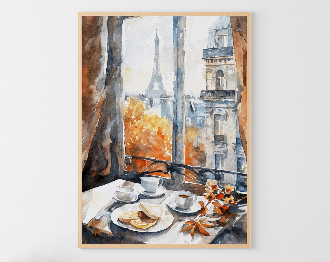 Paris Breakfast Window Eiffel Tower View Coffee Watercolor Art Poster