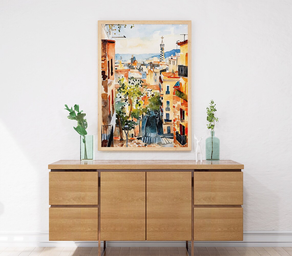 Barcelona Old Town Street Park Guell Tower Watercolor Cityscape Poster - Image 2