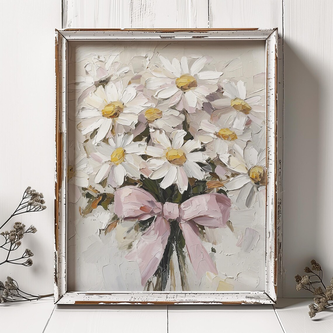 Daisy Oil Print With Pink Bow, Botanical Art Print - Image 2