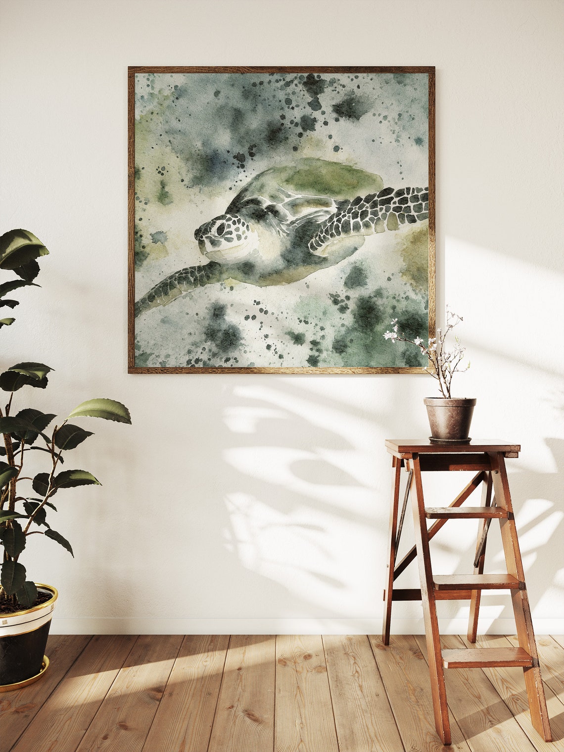 Sea Turtle Watercolor Ocean Green Splash Underwater Life Art Print - Image 5