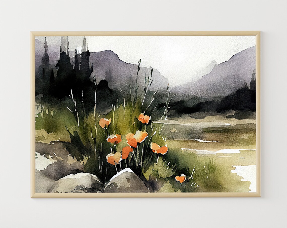 California Poppy Watercolor Art Print, Mountain Valley