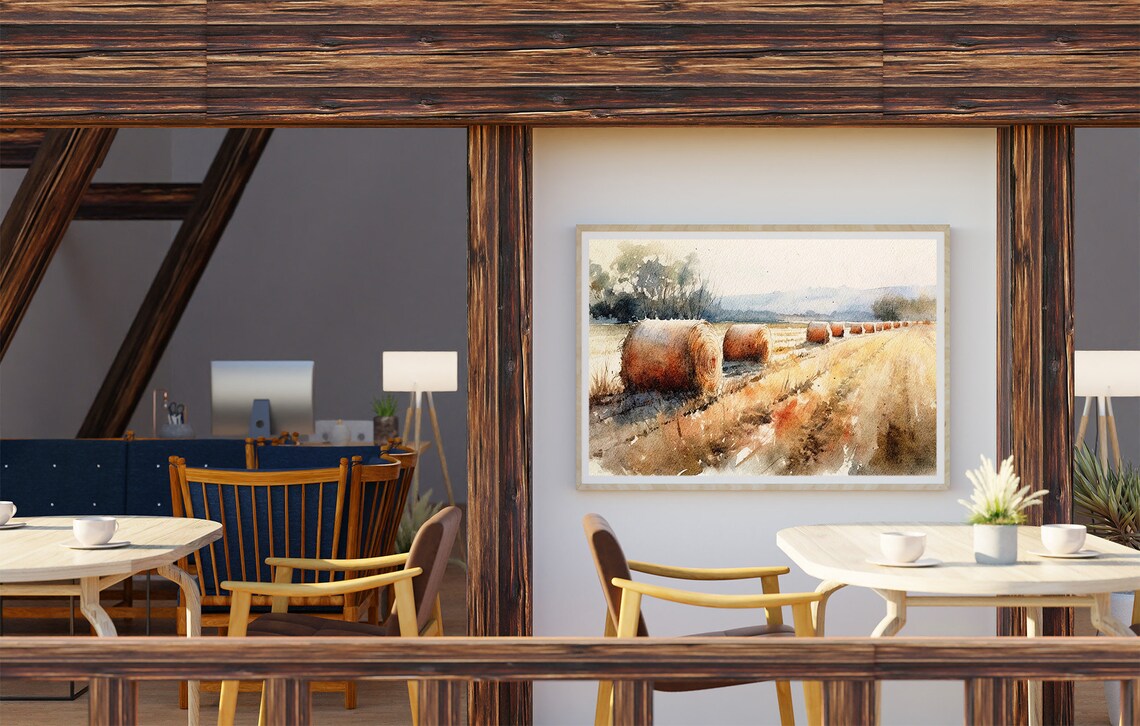 Haystacks Watercolor Farm Landscape Art Print - Image 2