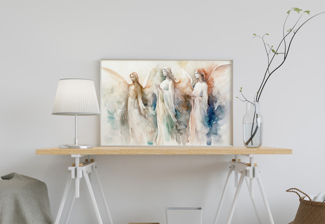 Three Angels Soft Watercolor Spiritual Guardian Angel Art Print - Image 2