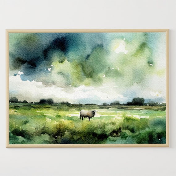 Sheep in Irish Landscape, Watercolor Art Print