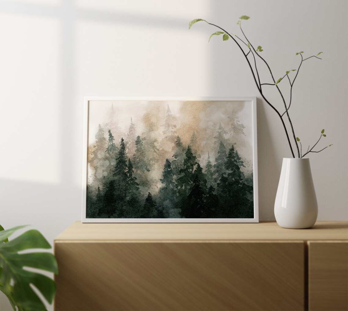Pine Forest Watercolor Landscape, Panoramic Art Print - Image 2