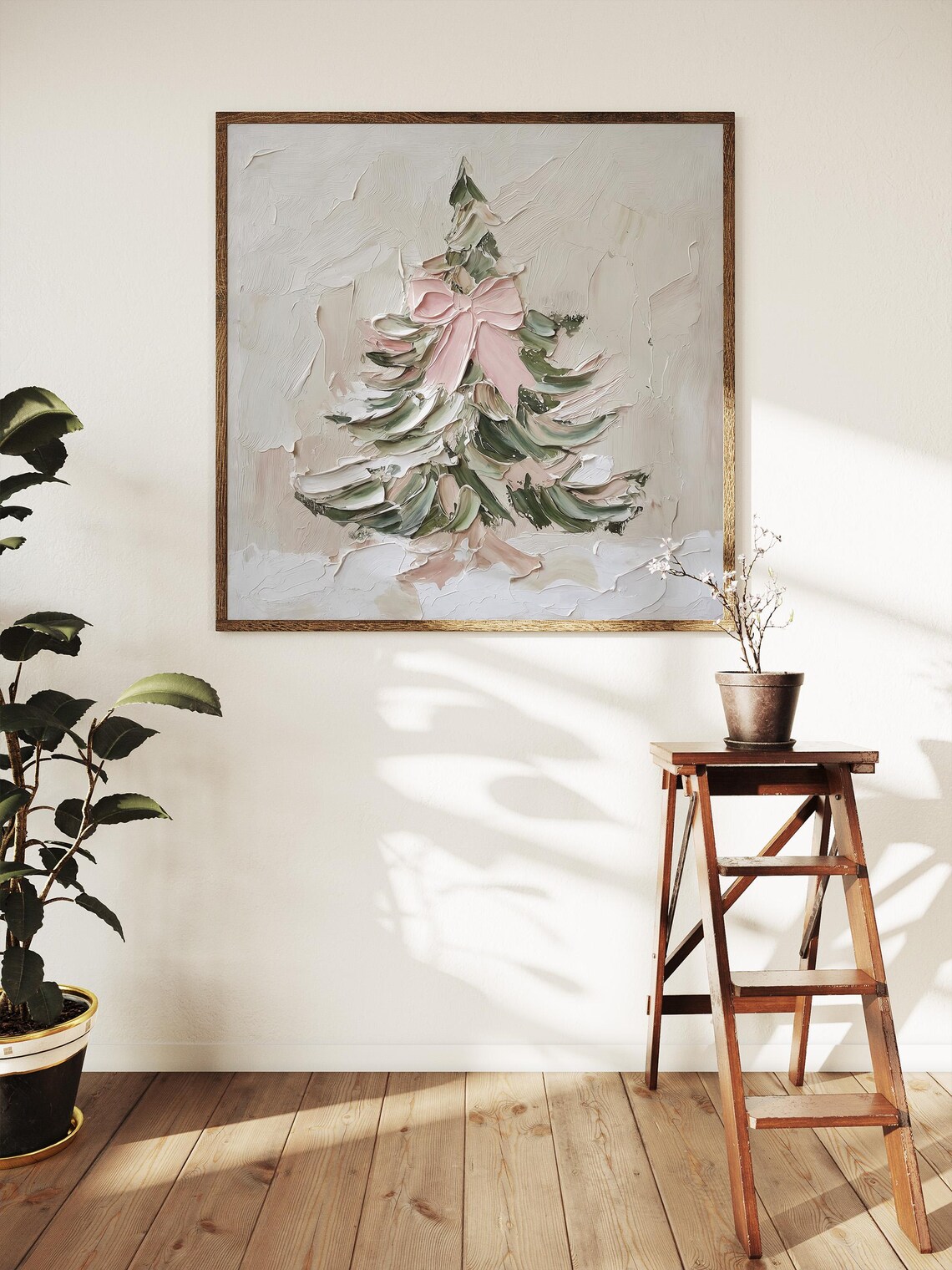 Christmas Tree Oil Print With Pink Bow, Holiday Poster - Image 3